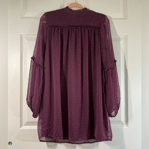 high-neck ruffled Swiss dot aubergine dress w/sheer long sleeves, size M